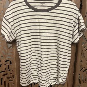 Madewell White Tee with Black Stripes and Black Rib Neck